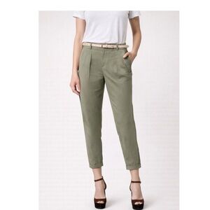 New Zara 100% Cotton Belted Pleated Cuffed Cropped Pants Colour Kaki Green